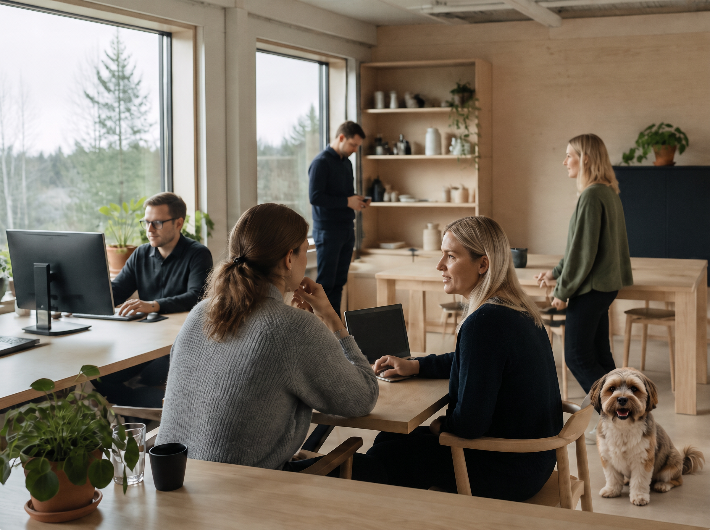 Työyhteisö valoisassa puuseinäisessä työtilassa, muutama henkilö töissään ja koira lattialla